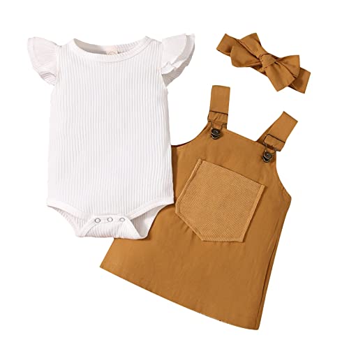 Newborn Baby Girl Summer Clothes Ruffle Short Sleeve Ribbed Romper Pocket Suspender Skirts Infant Overalls Dress ( Short Sleeve Jumpsuit Earth Yellow Dress, 6-12 Months)