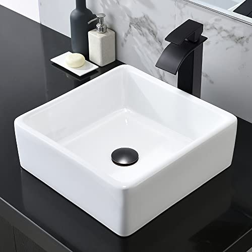Square Bathroom Sink And Faucet Combo-Hovheir 15X15 Inch Above Counter Bathroom Vessel Sink White Washing Basin Bowl Sinks Small Sink Witch Matte Black Faucet And Pop-Up Drain Combo #TOP1