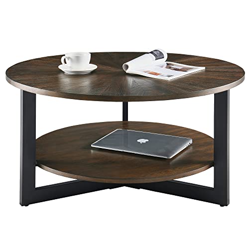PADMA HOUSE Table basse ronde en bois massif, table de salon, table de canapé, structure en métal, table basse à 2 étages, table de salon, montage facile pour le salon (marron vintage) Cover