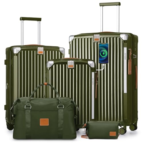 Image of Joyway 5 Piece Luggage Set with Cup Holder, Expandable 25% Capacity, Includes Handbag, Anti Slip Wheels, Hook, Smart Carry On Suitcase for Men and Women, Spinner Travel DarkGreen