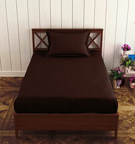Image of Trance Home Linen 100% Cotton 72X30 Inch Single Fitted 200Tc Satin Stripe Elastic Fitted Bedsheet|Single Bed Size Daily Use Fitted Bedspread With 1 Pillow Covers(72 inchX30 inch|6X2.5 Feet,Chocolate Brown)