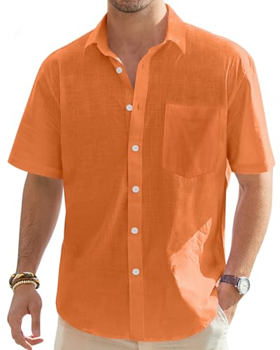 J.VER Herren Leinenhemd Kurzarm Sommerhemd Freizeithemd Kurzarmhemd Men´s Shirt Herren Klassisches Sommer Leinenshirt mit Brusttasche,Orange,L
