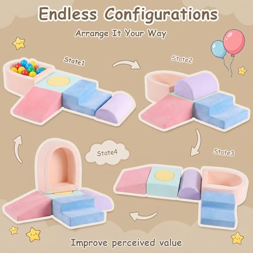 Image of Tiita Baby Climb and Crawl Playset 5-Piece with Small Ball Pit | Foam Climbing Blocks for Toddlers with Removable Washable Cover, Indoor Soft Play Climber, Macaron