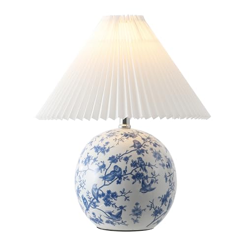 Image of JONATHAN Y 19.5 inch White /Blue Shishen Chinoiserie Ceramic Table Lamp, Traditional Hand-Painted Floral Cottage Lamp with White Pleated Linen Shade, LED Bulb Included (JYL5056B)