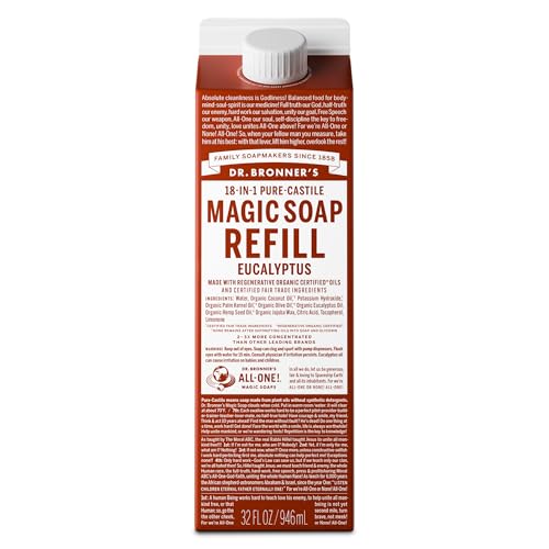 Dr. Bronners Magic Soap-Pure-Castile Liquid Refill (Eucalyptus 32 ounce 1-Pack) - Regenerative Organic Certified Oils For Body Hair Laundry Pets & Dishes Concentrated Vegan Non-GMO