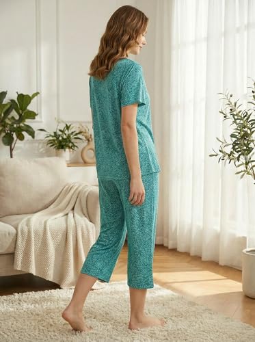 Image of CHUNG Women Cotton Pajama Sets Sleepwear pjs Short Sleeve Shirt Capri Length Crop Pants Cute Vivid Print