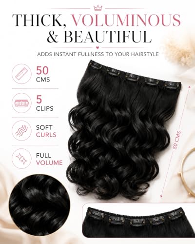Image of TEMPERIA Hair Extensions for Women - 5 Clips Attached Curly /Wavy Artificial Hair Clip On Extension - False Fake Long Curl Hair Wig for Wedding - 1 Pc - Black Colour