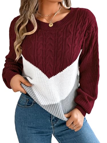 Women Fashion Cable Knit Sweater, Crochet Crewneck Pullover Striped Color Block Top, Trendy Fall Winter Daily Clothes