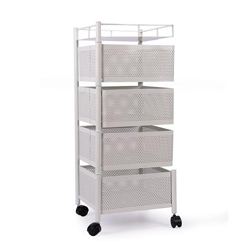 Image of KITCHIVO Kitchen Storage Rack | Revolving Vegetable Rack | Square Multipurpose Storage Trolley with Wheels | Metal Fruit Rack (White, 4 Layer)