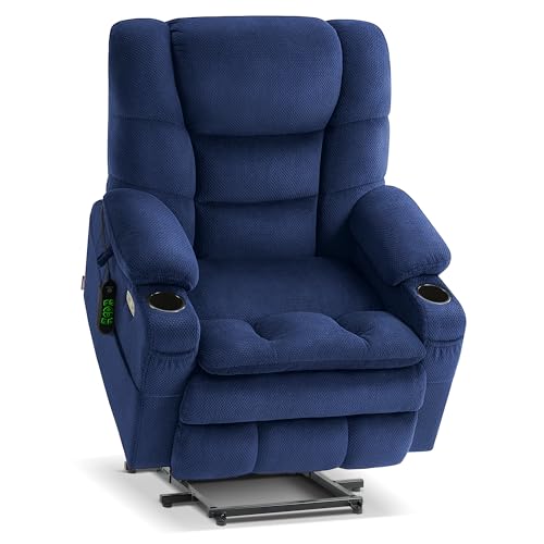MCombo Big Man Power Lay Flat Lift Chair, Medium-Oversize Triple Motor Power Lift Recliner with Massage & Dual Heating, Adjustable Headrest, Fabric R7524 (Navy Blue, Medium-Oversize)