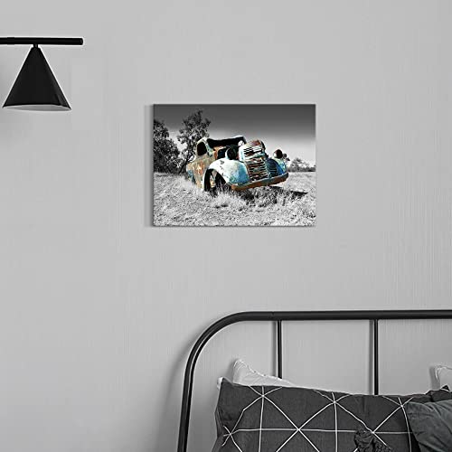 Sunflax Car Picture Canvas Wall Art - Rusty Blue Truck Picture Country Painting Vintage Black And White Print Rustic Farmhouse Artwork For Bedroom Bathroom Office #TOP4