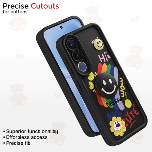 Image of Pikkme Back Cover for Vivo V70 FE 5G | Soft Silicone| Cute Rainbow Smile & 3D Cartoon Flower Design | Shockproof Raised Camera Protection Bumper Case (Black)