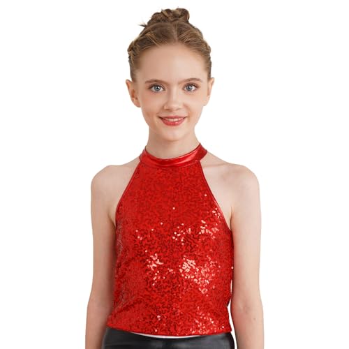 JanJean Girls Kids Shiny Metallic Cutout Back Jazz Hip Hop Dance Tank Top Halter Neck Tees Ballroom Costume Red 10 Years