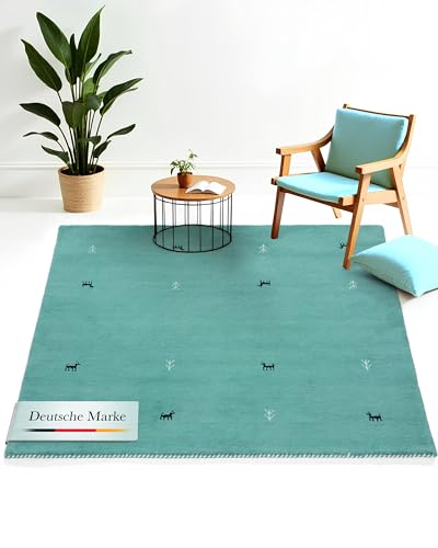 carpetfine Wollteppich Gabbeh Uni Quadratisch Türkis 200x200 cm | Moderner Teppich für Wohn- und Schlafzimmer