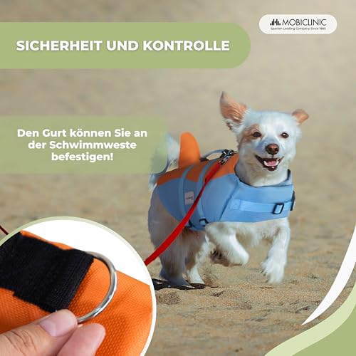 Mobiclinic®, Schwimmweste Hund, Haifischflossen-Design, Rettungsgriff, Verstellbares Geschirr, Leinenring, Hoher Auftrieb und Gute Sichtbarkeit, Sharky, Leicht, Schwimmen, Surfen, Segeln