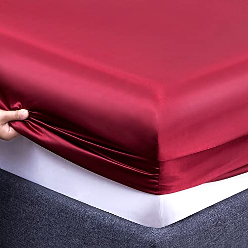 Vonty Satin Sheets King Size Silky Soft Satin Bed Sheets Burgundy Satin Sheet Set, 1 Deep Pocket Fitted Sheet + 1 Flat Sheet + 2 Pillowcases #TOP5