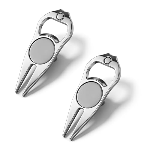VOSSOT 2 Stück Pitchgabel Golf Edelstahl, Pitchgabel mit Pop-up-Taste und Magnetische Golfballmarker, Pitchfork Golf Divot Reparaturgabel Pitchgabeln für Golf Club-Sport im Freien
