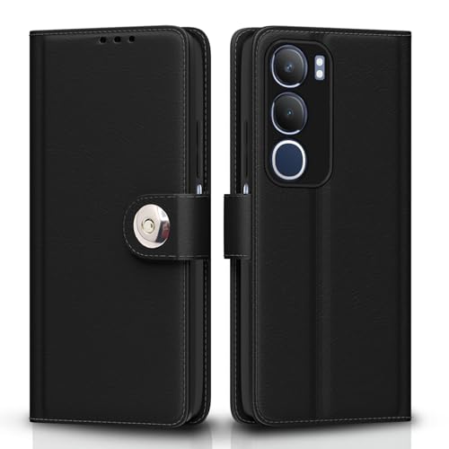 Image of Pikkme Flip Cover Leather Finish | Inside TPU with Card Pockets | Wallet Stand and Shock Proof | Complete Protection Button Flip Case for Vivo Y19s(Black)