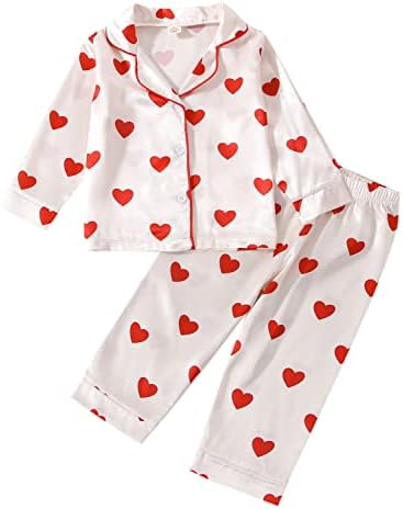 Qiylii Toddler Kids Baby Girl Satin Pajamas Set, Heart Print Valentine's Day Silk Pajamas Sleepwear 2pc Valentine Satin Pjs (4T, Heart)