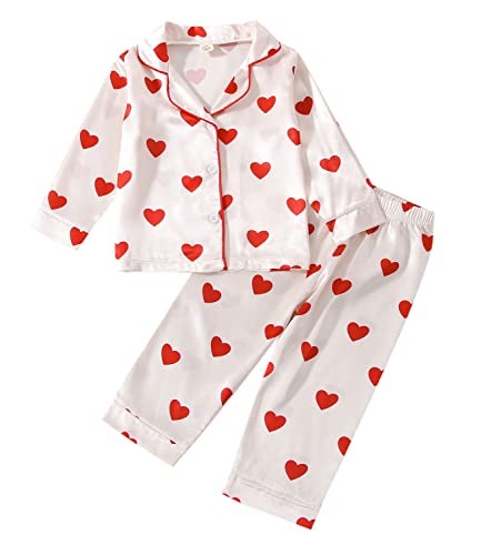 Qiylii Toddler Kids Baby Girl Satin Pajamas Set, Heart Print Valentine's Silk Pajamas Sleepwear 2pc Valentine Satin Pjs (2T, Heart)