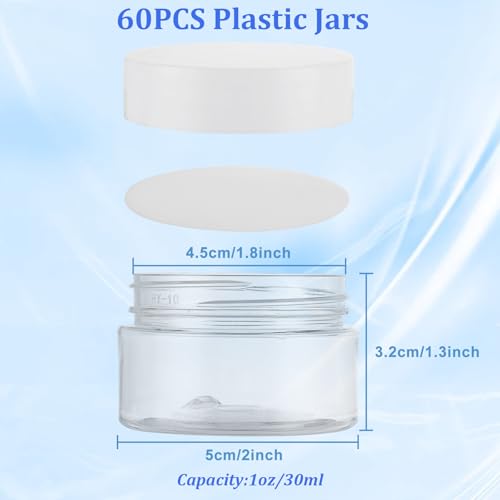 Acrux7 60 Pack 1oz Plastic Jars Round Clear Cosmetic Container Jars with White Lids, Refillable Empty Plastic Slime Jars for Lotion, Cream, Ointments, Makeup, Eye Shadow, Samples2