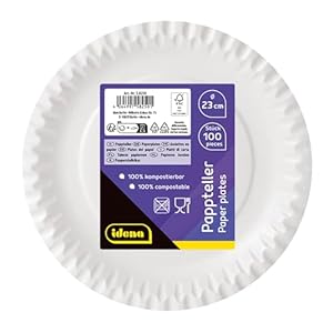 Idena 58250 – Piatti per feste bianchi, 100 pezzi, diametro 23 cm, ecologici e compostabili, piatti di carta, piatti di carta, stoviglie usa e getta