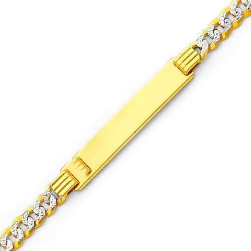 14K Yellow Gold White Pave 5.0mm Mens ID Concave Curb Bracelet with Lobster Claw Clasp - 8" Inches