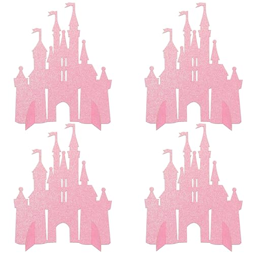 4 PCS Castle Centerpieces Glitter Princess Theme Table Centerpieces Princess Castle Theme Birthday Party Table Decorations for Baby Shower Girls Birthday Party Centerpieces Supplies Light Pink