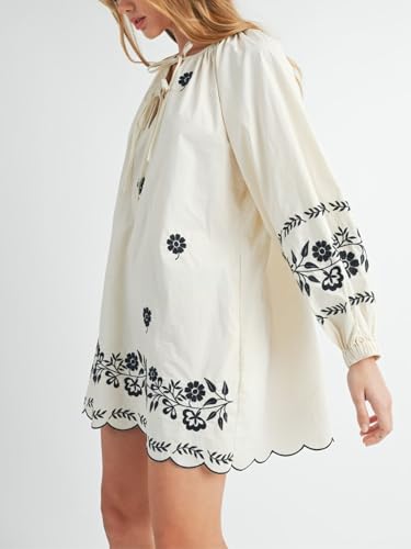 Image of Joiemont Womens Embroidered Long Sleeve Mini Dress Loose Fit Vintage Embroidery Dress with Double Neckline Self Tie