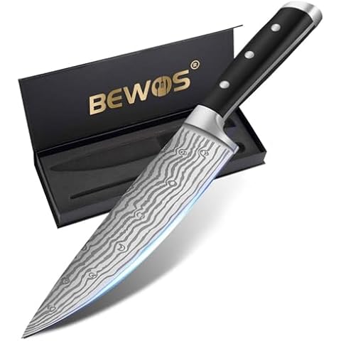 BEWOS 8.3-Inch Chef Knife, Professional Kitchen Knife with Knife Sharpener, Ultra Sharp Chefs Knife Set, Premium Stainless Steel Chef’s Knives for Kitchen, Cooking Knife, Ergonomic Handle, Gift Box Cover