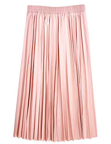 SUNFURA Women's Winter Faux Leather Elastic Waist Swing Flare Pleated Skirt, Pink