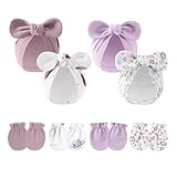 LIDHAY 4PCS Newborn Baby Hospital Hats Beanie Bow Infant Caps Cotton Preemie Hats No Scratch Mittens Set for 0-1 Years Old 03