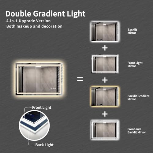 Image of Bathroom Mirror, 44x30 Inch Gradient Front and Backlit Smart Mirror, 3 Colors Dimmable CRI>90 Double Lights, IP54 Enhanced Anti-Fog, Hanging Plates Wall Mount LED Mirror