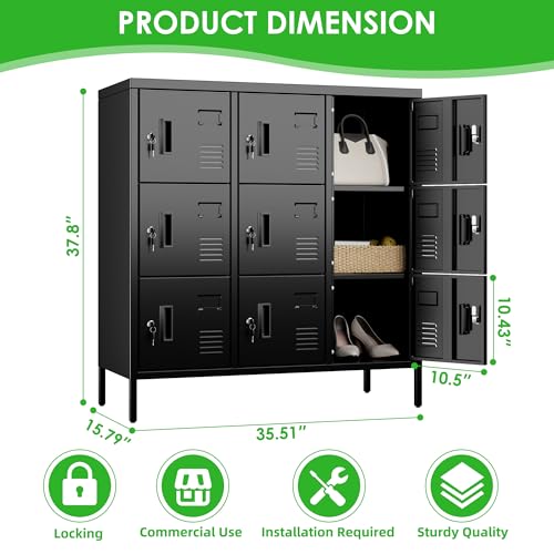 Image of SUPEER Metal Lockers for Employees with 9 Doors,Lockable Metal Locker with Keys and Card Slot,Office Storage Locker for School Gym Home,15.79 inch D x 35.51 inch W x 37.8 inch H,Black,Assembly Required
