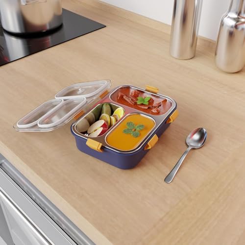 Image of 3 Compartment Stainless Steel Lunch Box with Removable Inner Plate for Kids and Adults, Microwave Freezer Safe Leak-Proof Lunch Box for School & Office use(750ml)