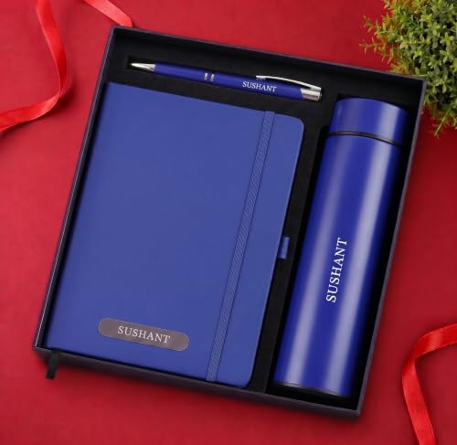 Image of Personalized Diary Gift Set with Bottle & Pen Blue | 3-in-1 | Custom name notebook, steel bottle and pen combo for employees, corporate gifting, office, men and women.