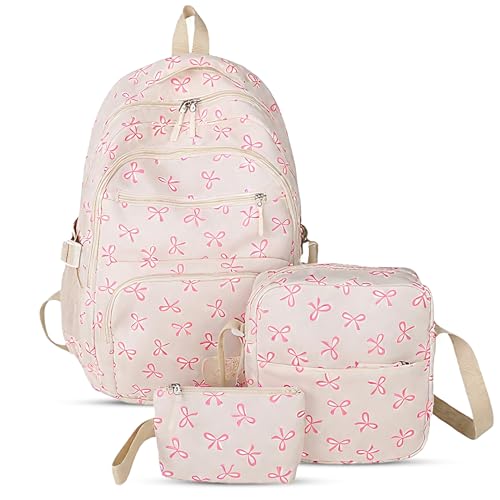 Coquette Bow Backpack for Girls, 3PCS SET Coquette Bow Backpack, Cute Kawaii Backpacks Set Large Capacity (White-Pink)