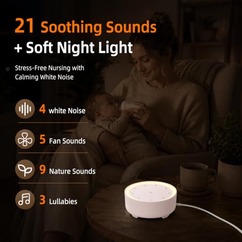 Image of Kipcush White Noise Machine for Sleeping, Baby & Adults, High-Fidelity Non-Looping Sounds, Sleep Sound Machine with Dimmable Night Light, USB Powered, Memory Function, Home, Nursery & Travel