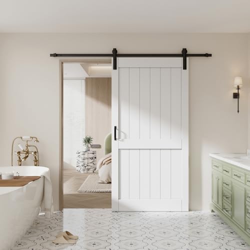 Image of 42 inch x 84 inch White Primed Sliding Barn Door with Hardware Kit Included | MDF Doors Covered with Water-Resistant Surface, Pre-Drilled Holes Easy Assembly, H-Frame