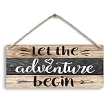 FUGWN Let the Adventure Begin Hanging Wooden Signs 12x6, Rustic Cabin Camper Home RV Wall Decor, Camping Lovers Home Decor Gifts for Camper Women Men
