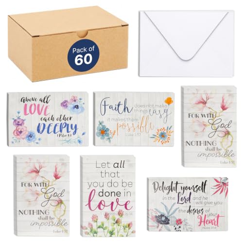 BEST PAPER GREETINGS Inspirational Cards with Envelopes - 60 Pack, 4 x 6 in, 6 Floral Designs - Christian Greeting Cards with Scripture Encouragement & Bible Verse Notes