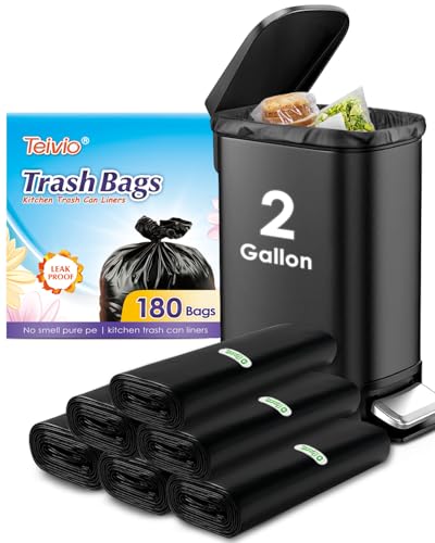 2 Gallon 180 Counts Small Strong Black Trash Bags Garbage Bags by Teivio Small Waste Basket Liner Bathroom Trash Can Bin Liners Plastic Bags for home office kitchen Black