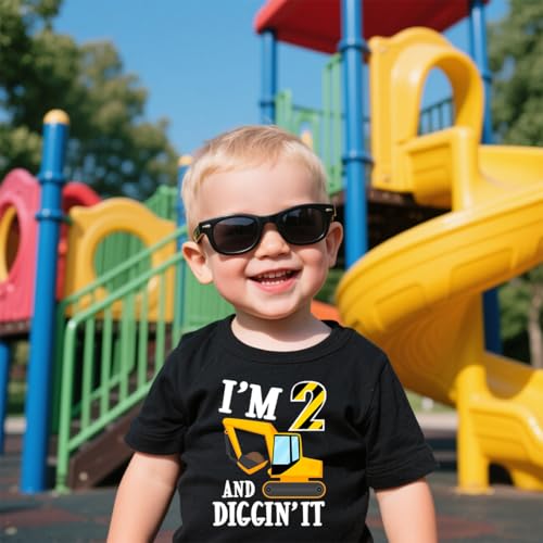 IDOPARAS 2nd Birthday Construction Excavator Outfit Boys I'm Two and Diggin It Tee Shirt Black