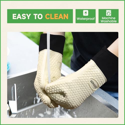 GEEKHOM BBQ Gloves Heat Resistant Oven Mitts - Silicone Grilling Gloves with 13.7" Arm Protection - Waterproof Pot Holder Non-Slip for Men & Women, Kitchen Outdoor Cooking, Baking, Camping, Mint Beige - Image 3