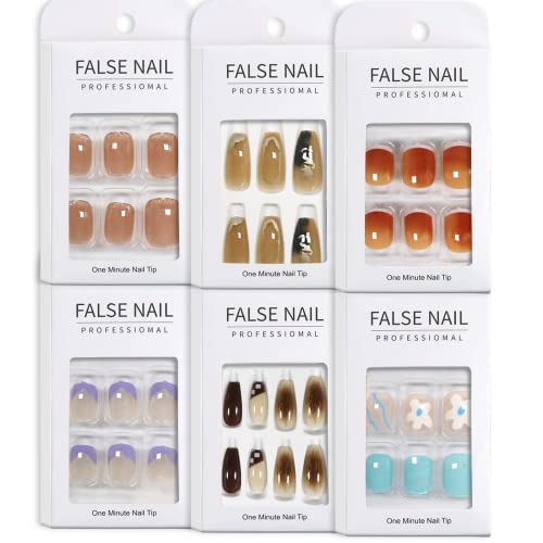 6 Packs (144 Pcs) Press on Nails, Acrylic Nail Kit Fake Nails For Women, French False Gel X Nail Kit, DIY Manicure Nail Art with Adhesive Tabs & Glue