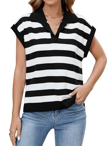 Image of ZAFUL Tank Tops for Women Loose Fit Oversized Sweater Vest Lapel Collar Striped Sweaters Black S