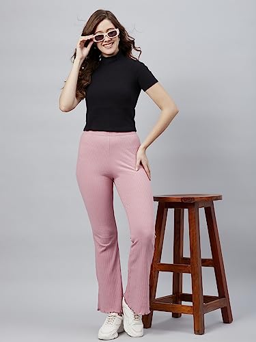 Image of BLINKIN Women's Stretch Fit Mid Rise Ribbed Stretchable Flared Pants | Boot Cut Bell Bottom Pants - Ideal for Yoga & Gym Wear, Casual Wear & Office Wear Trousers