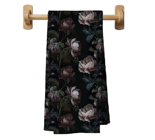 Wagoba Moody Peony Floral Kitchen Towels Decorative 16x24 in, Dark Academia Purple Flower Aesthetic Hand Towels for Bathroom, Vintage Gothic Botanical Dishtowels for Kitchen