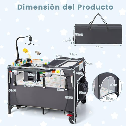 GOPLUS Cuna de Viaje Bebe 5 en 1 con Cambiador, Colchón, Juguetes Colgantes, Caja de Música, Altura Ajustable, Ruedas, Centro de Actividad, Cama Plegable para Bebé 0-3 Años, Carga 15 kg (Gris) - imagen 3