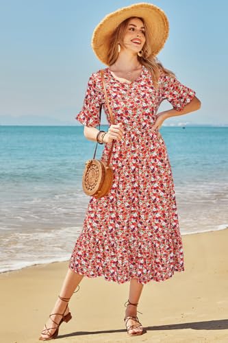 Image of STYLEWORD Womens Summer Casual Short Sleeve Flowy Midi Beach Dress